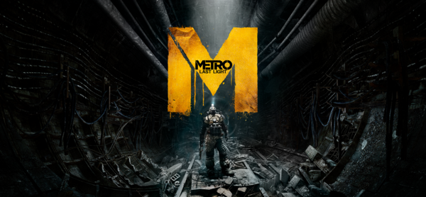 Metro: Last Light cover — lone armed survivor in a gas mask standing in a ruined subway tunnel beneath a large yellow 'M' logo