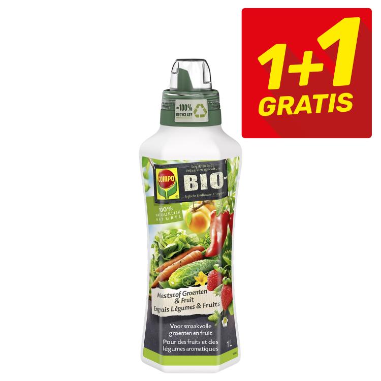 Bottle of COMPO BIO organic liquid fertiliser for vegetables and fruits with 1+1 free promotional badge