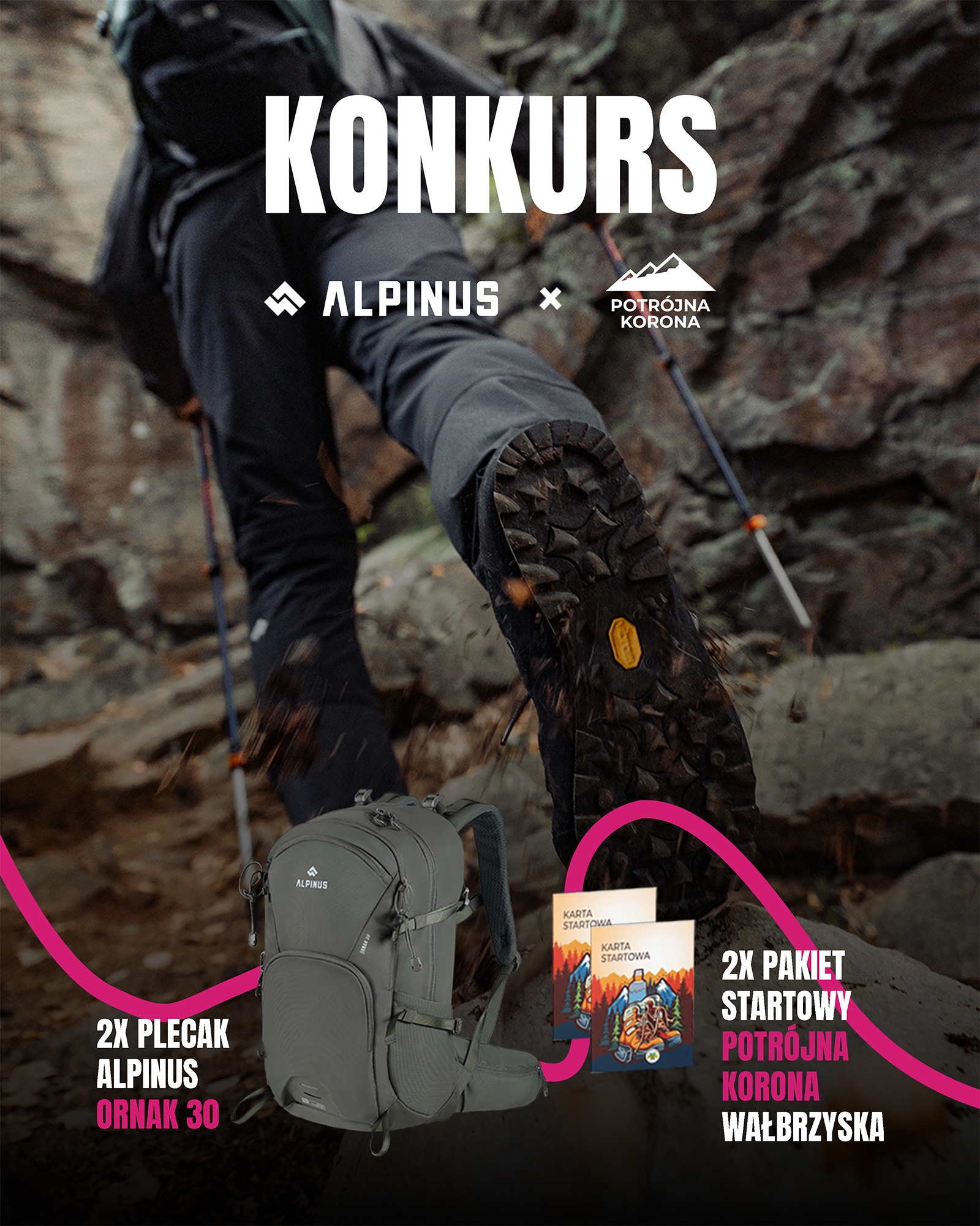 Close-up of a hiker's boot on a rocky trail with an Alpinus backpack and 'KONKURS' contest banner showing starter packs and trail maps
