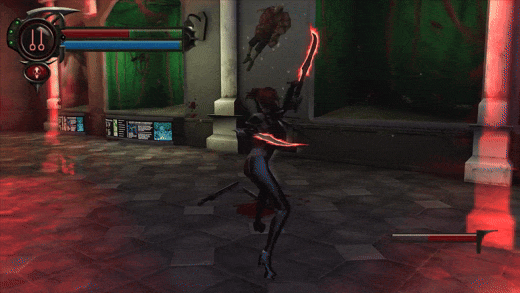 Collage of six horror game screenshots: three top scenes of a cloaked fighter in a red-lit hall, two FPS rifle views, a pale zombie and close-up green eyes
