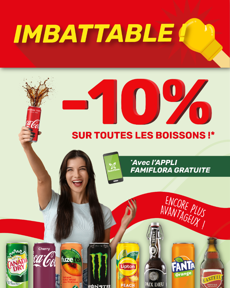Promo poster: smiling woman holding a fizzing Coca‑Cola can, -10% off all drinks with Famiflora app; assorted beverage cans and bottles.