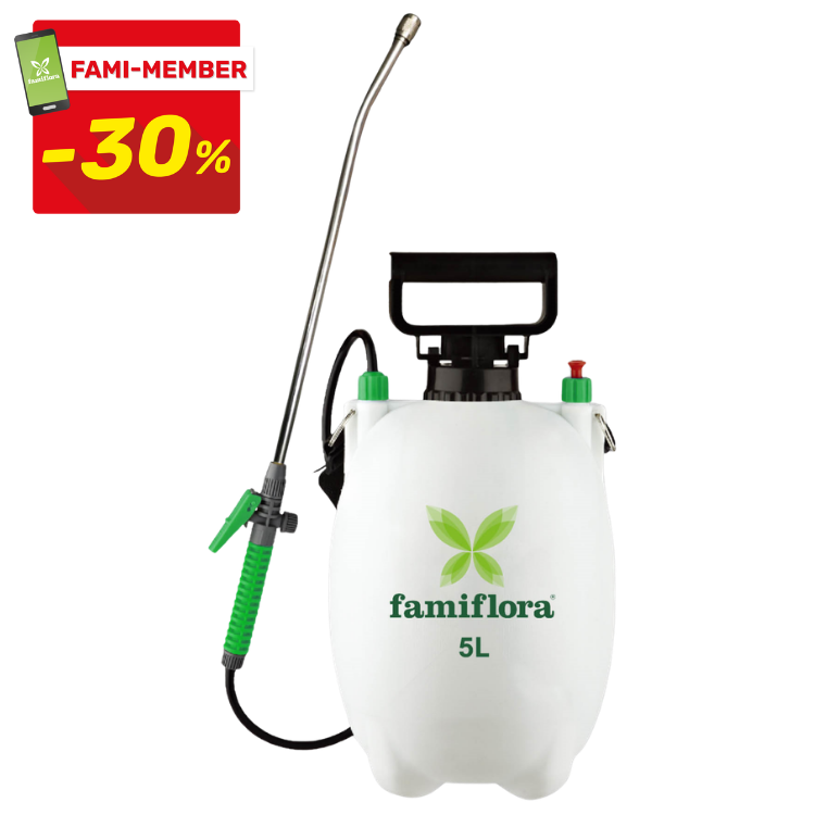 Famiflora 5L handheld garden pump sprayer in white with green accents, lance and hose, Fami-member -30% sale badge