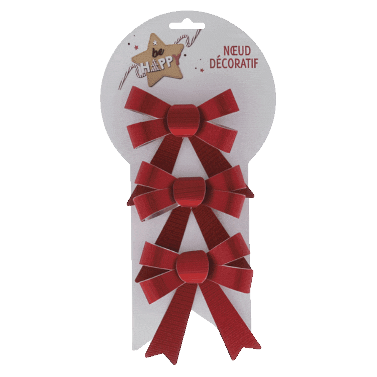 Set of six decorative red Christmas ribbon bows on hanging cards — three solid red and three red gingham bows