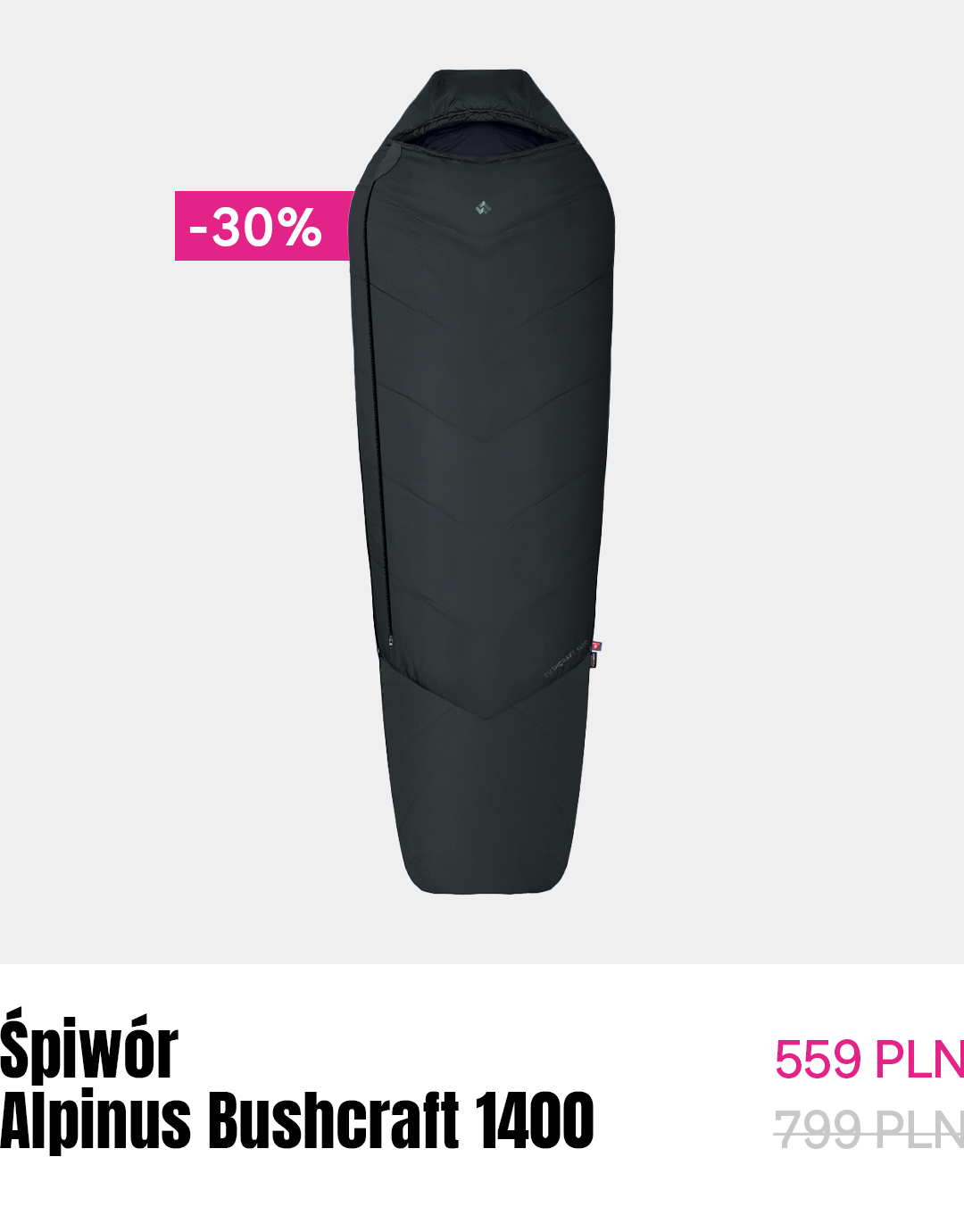 Alpinus Bushcraft 1400 black mummy sleeping bag with hood and side zip, product photo with -30% sale tag