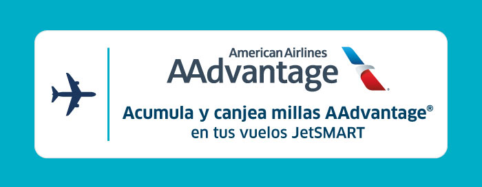 American Airlines AAdvantage logo with Spanish text: 'Acumula y canjea millas AAdvantage en tus vuelos JetSMART'