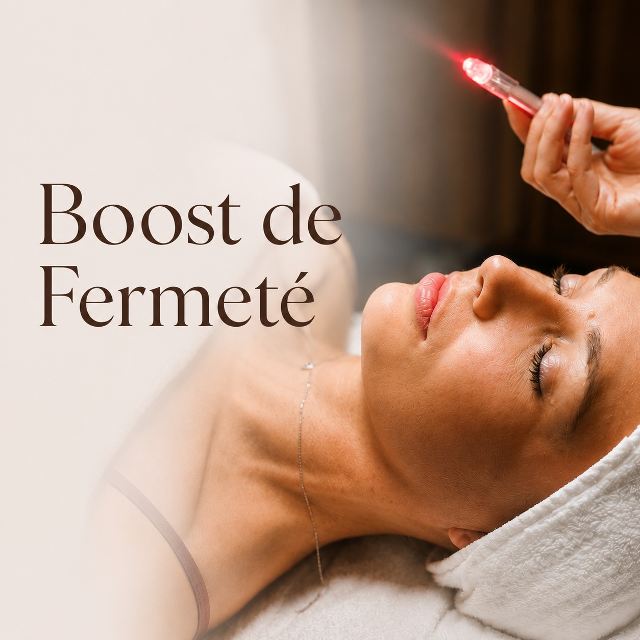 Person receiving red-light facial firming at a spa with LED pen near jawline, French title 'Boost de Fermeté'