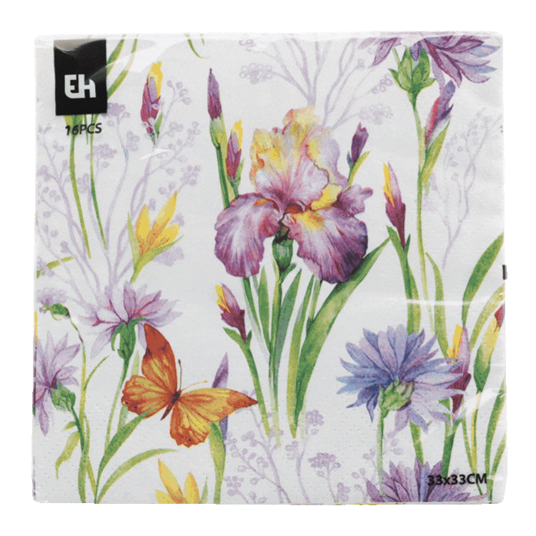 Top-down photo of nine decorative paper napkins in a 3x3 grid with floral, citrus and strawberry designs, pastel colours.