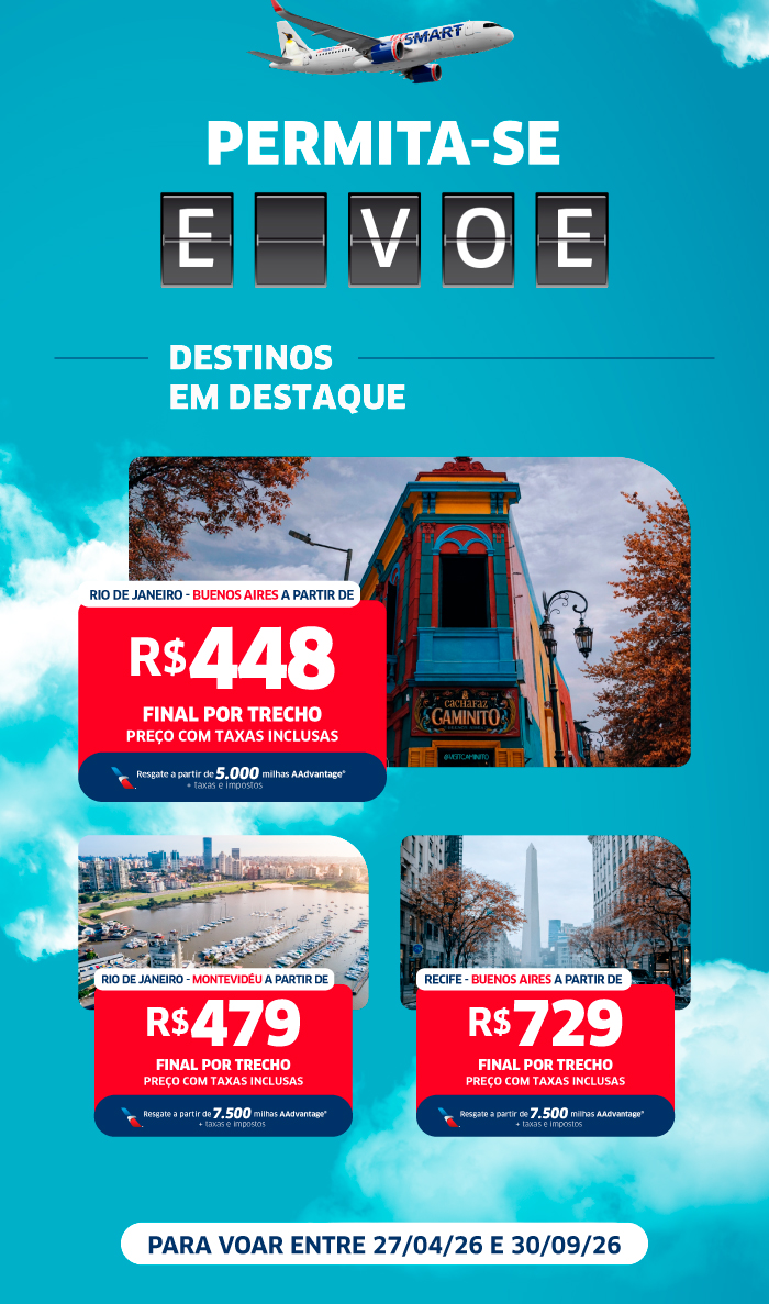 Airline promotional poster with plane, 'Permita-se e Voe' headline, colourful Buenos Aires Caminito photo and fare R$448 BRL