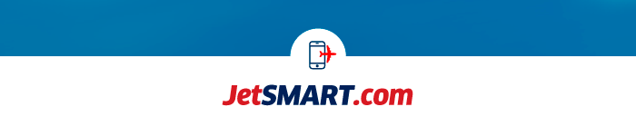 JetSMART.com airline logo with smartphone and plane booking icon on blue and white background