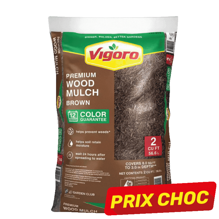 Three bags of Vigoro premium wood mulch (two brown, one black), 2 cu ft bags with 12-month colour guarantee and red 'PRIX CHOC' sale labels