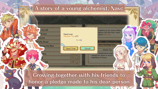 Collage of colourful anime-style characters and RPG screenshots from 'A Story of a Young Alchemist, Nayc' showing dialogue and tagline