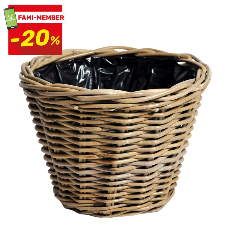 Round woven wicker plant pot with black plastic liner, natural brown rattan finish; small red 'Fami-Member -20%' sale badge top-left