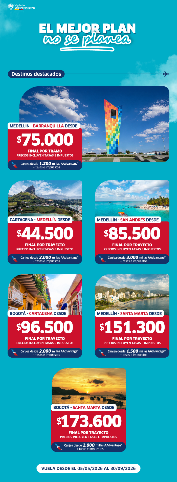 Promotional travel deals poster: colourful collage of Colombian destinations and prices with airplane icon and travel dates