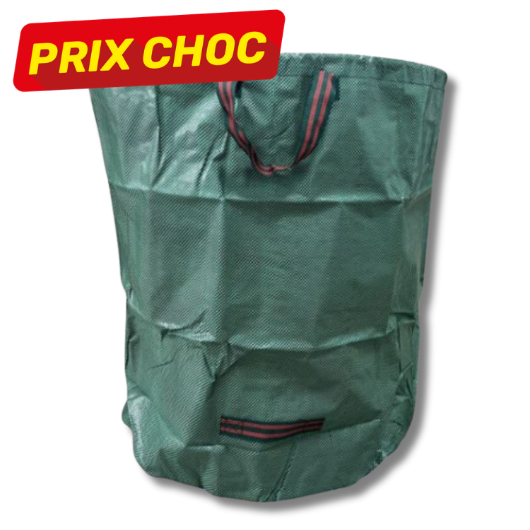 Green woven storage bag with red-and-black striped handles and small striped pocket, 'PRIX CHOC' label