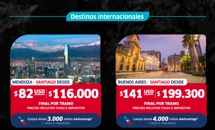 Promotional panel: Santiago skyline with Andes and a lit historic plaza, showing flights to Santiago from 141 USD (taxes included)