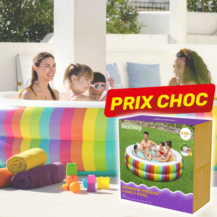 Colourful rainbow inflatable family pool (2.06m) with laughing adults and children playing, product box and scattered beach toys