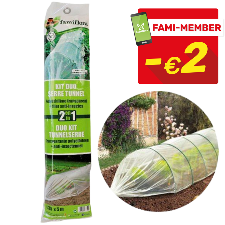 Famiflora 2-in-1 tunnel greenhouse kit: transparent polyethylene protective cover with insect net over garden bed (1.35×5 m)