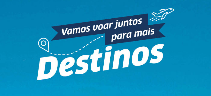 Promotional banner with aeroplane and location pin showing Portuguese text 'Vamos voar juntos para mais Destinos' on a blue background