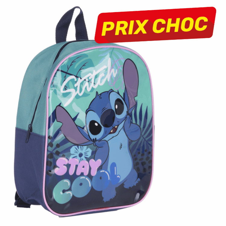 Grid of children's backpacks showing turquoise Stitch 'Stay Cool' design and red Sonic the Hedgehog character backpacks with 'Prix Choc' sale labels