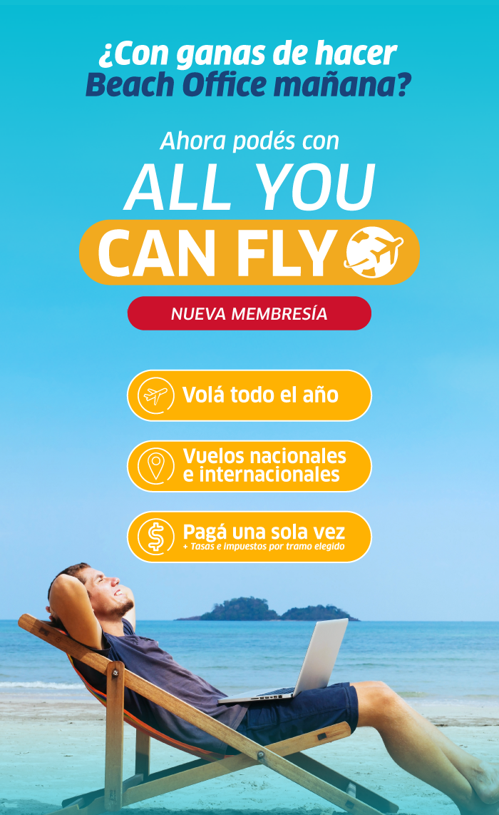 Man reclining on a beach chair with a laptop by the sea, ad for All You Can Fly membership offering year‑round national and international flights