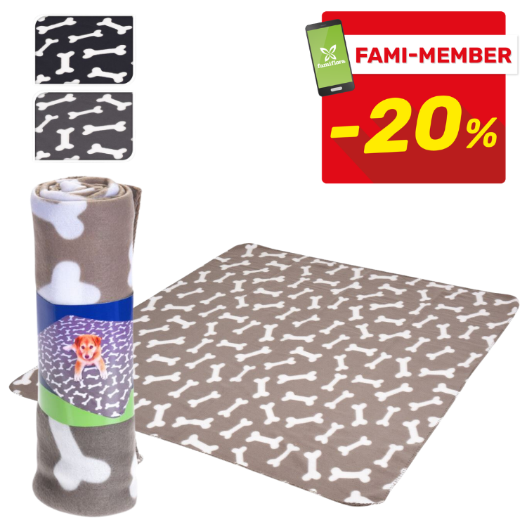 Grey fleece dog blanket with white bone pattern shown rolled and laid flat, suitable pet throw; 20% Fami‑Member discount badge