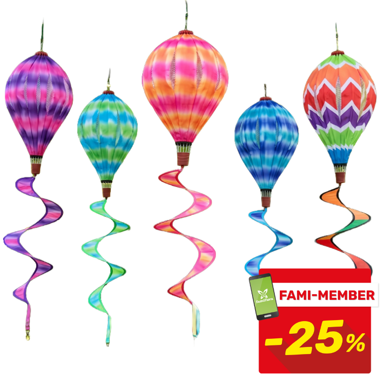 Five colourful hot-air-balloon wind spinners with long spiral tails on white background, product image with red -25% discount badge