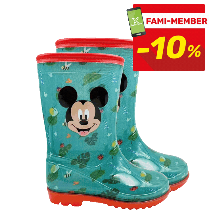 Three pairs of children's character Wellington boots: teal Mickey Mouse boots, blue Stitch boots and pink Minnie-themed boots