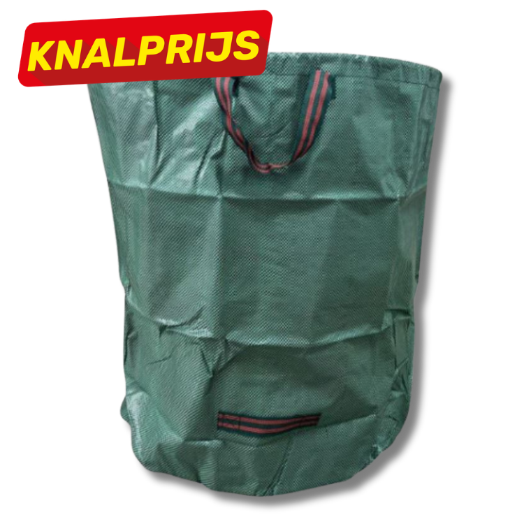 Large green woven garden waste bag with reinforced striped handles and carry loop — durable, lightweight sack for leaves and garden refuse