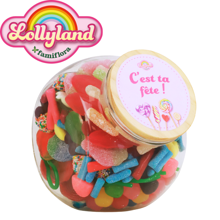 Glass jar of colourful Lollyland mixed sweets with pink "C'est ta fête!" lid and rainbow logo