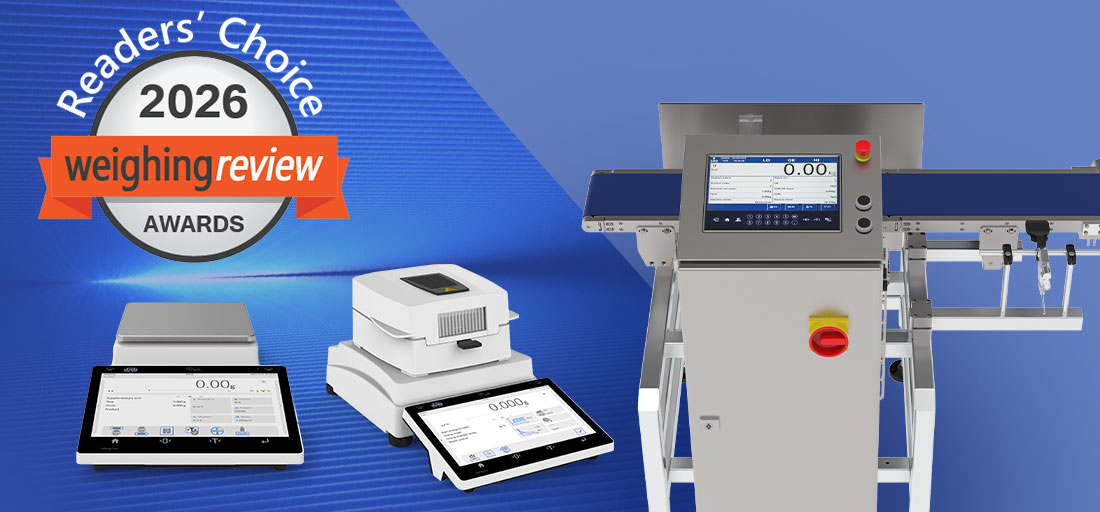 2026 Readers' Choice WeighingReview awards badge with industrial checkweigher, conveyor belt and digital scales and touchscreens on blue background