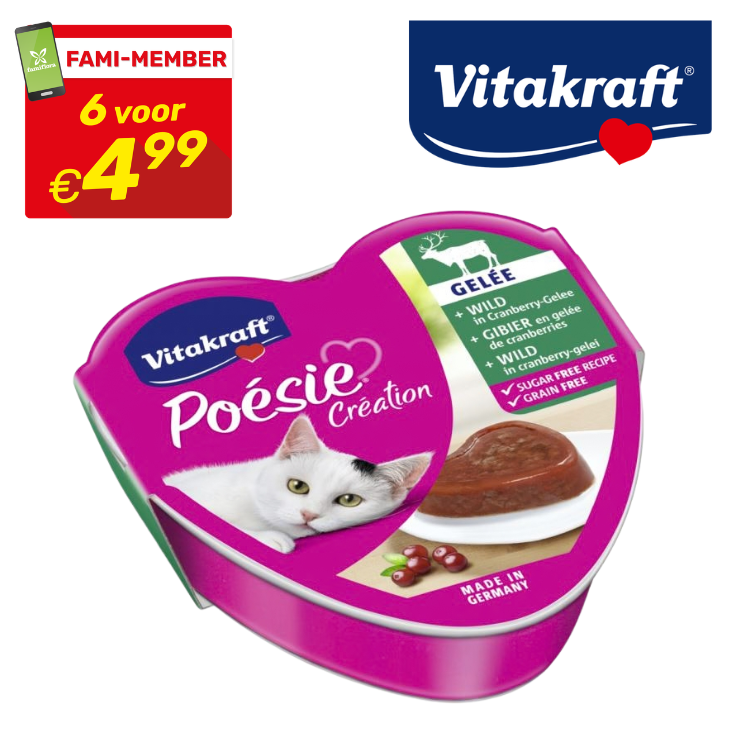 Vitakraft Poésie Création cat wet food in cranberry gelée, wild meat flavour, heart-shaped pink tray, made in Germany