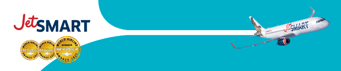 JetSMART logo and Airbus A320neo on a turquoise background with three Skytrax award medallions