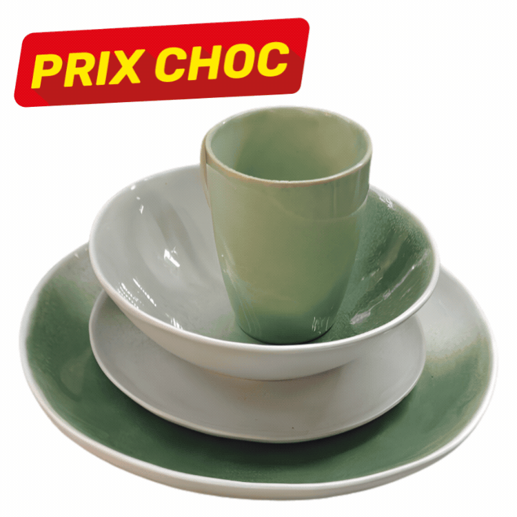 Nine stacked crockery sets (green and black gradient cups, bowls and plates) with red 'PRIX CHOC' sale labels on white background