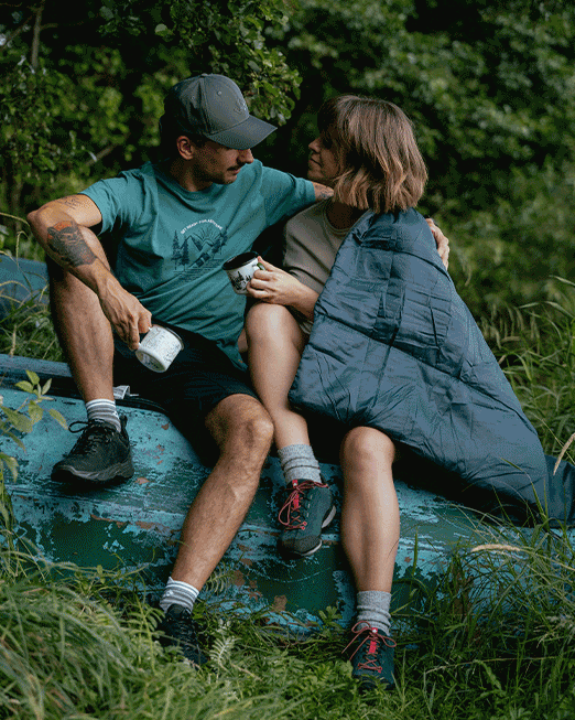 Collage of family camping: couple wrapped in blanket, child on a lakeside dock, friends by tent, packing a rucksack, group around campfire, kids reading in sleeping bags