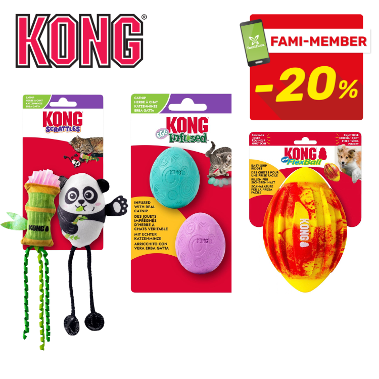 KONG cat toys bundle: Scrattles panda and bamboo toys, catnip-infused teal and pink eggs, yellow-red FlexBall, FAMI-MEMBER -20% badge