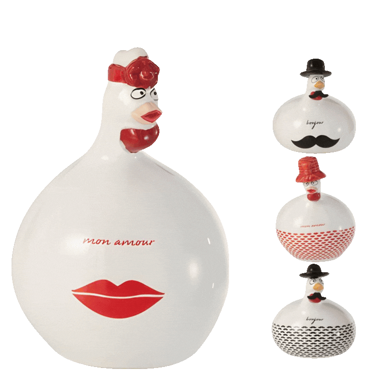 Assorted decorative ceramic gourd figurines — white "mon amour" lips and moustache designs plus floral characters with colourful hats on white background