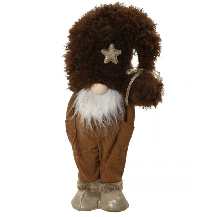 Brown Christmas gnome decoration with curly hat, white beard, gold star detail and corduroy trousers