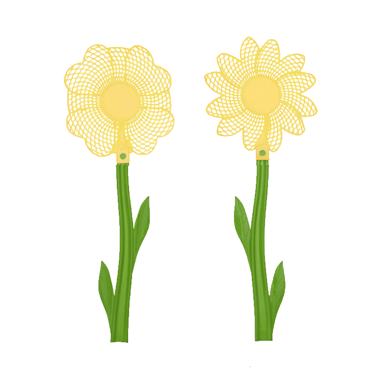 Four decorative mesh flowers on white background — two yellow and two pink-red, each with green stem and leaves, stylised