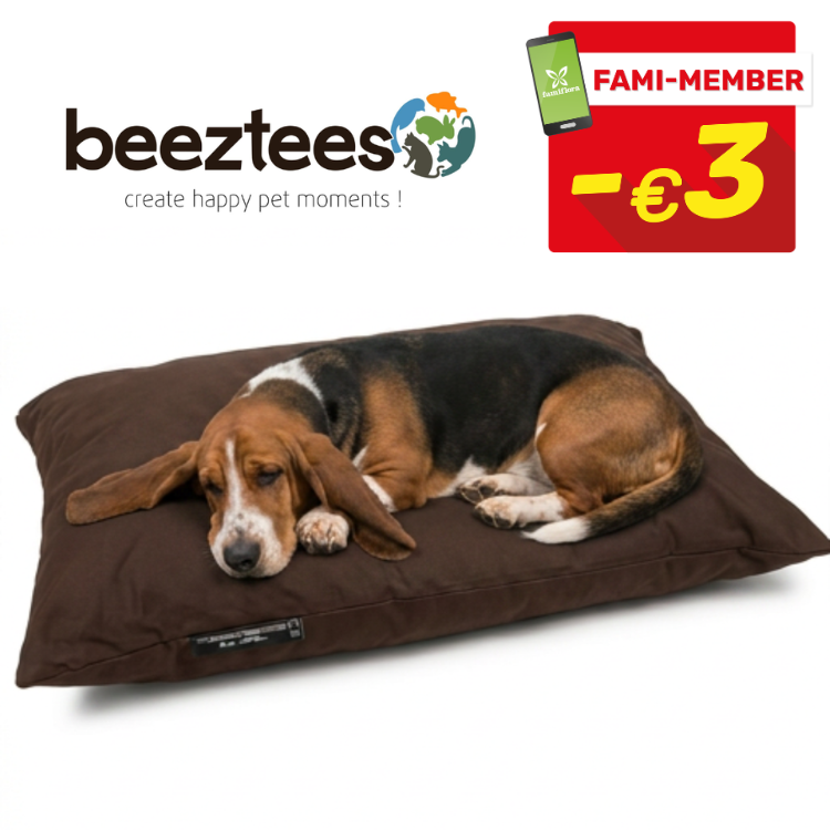 Beeztees logo with Fami-Member -€3 tag; basset hound sleeping on a brown rectangular pet cushion