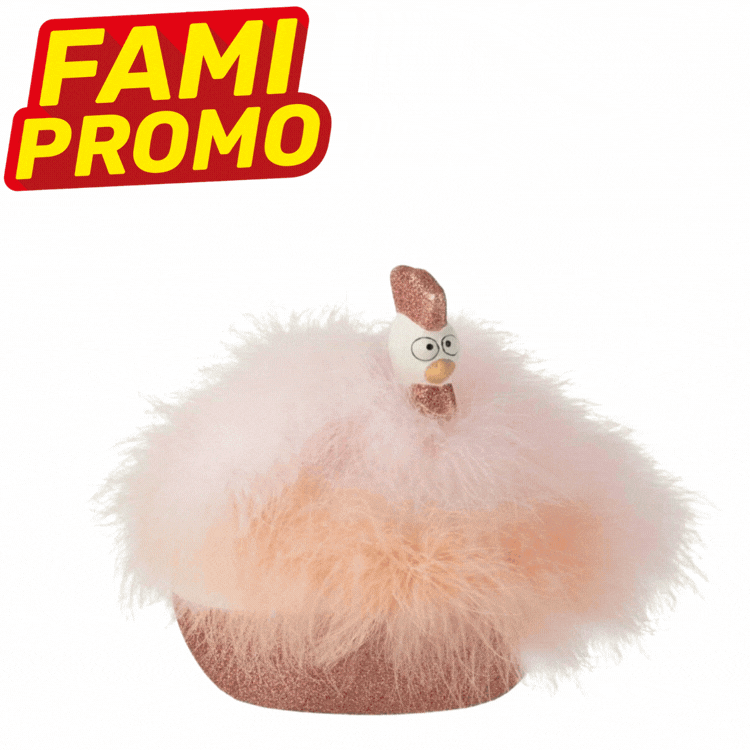 Nine novelty ornaments: fluffy pink hen, chef and gingham birds, and monochrome cat and clown-style figures on white background with FAMI PROMO logos
