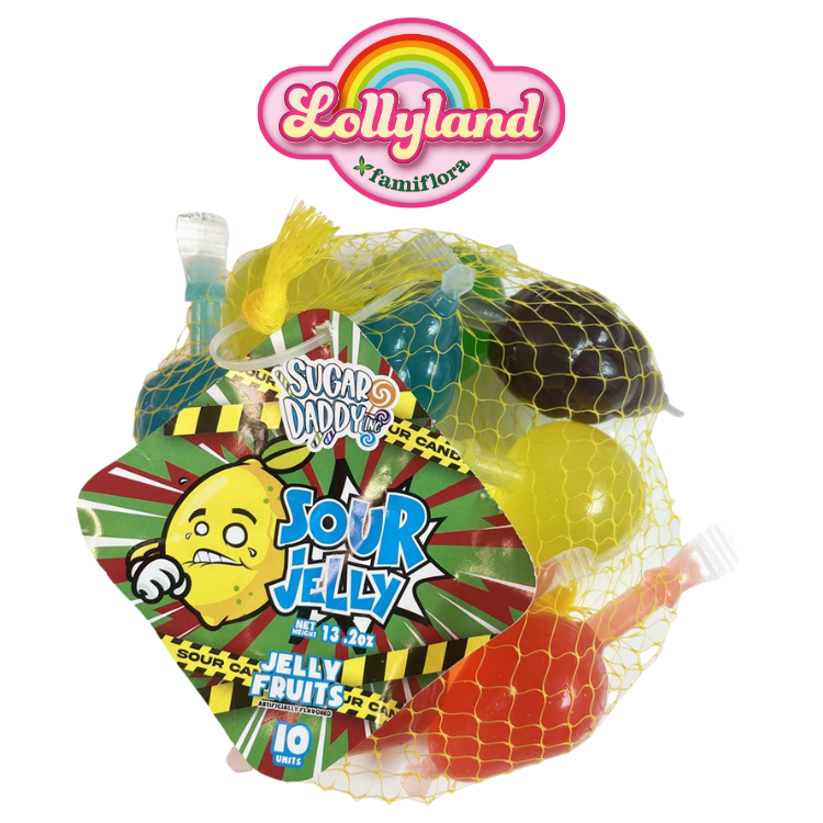 Mesh bag of colourful Lollyland 'Sugar Daddy' sour jelly fruit candies with cardboard label and rainbow Lollyland logo