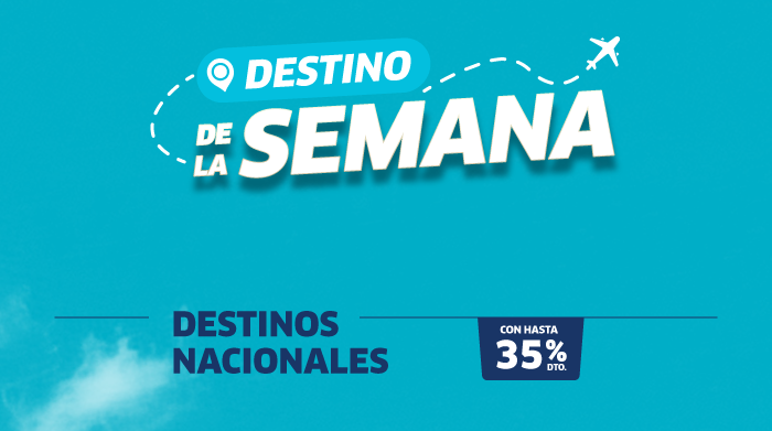 Promotional banner: 'Destination of the Week' — national destinations with up to 35% off, plane icon on turquoise background