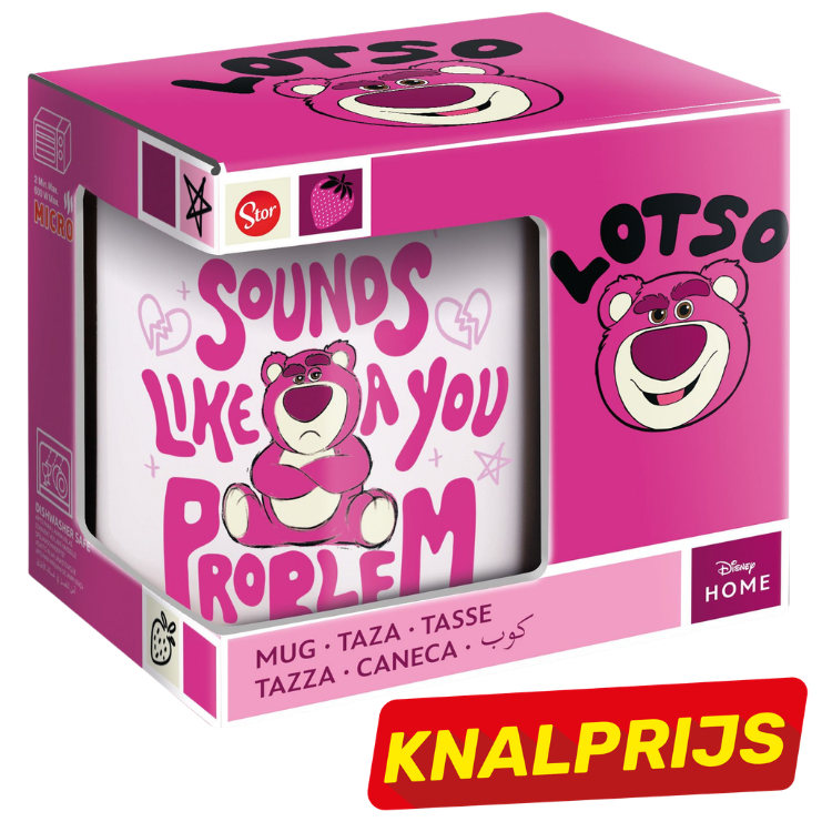 Boxed pink Disney Lotso ceramic mug showing grumpy Lotso bear and text "Sounds like a you problem" on gift mug packaging