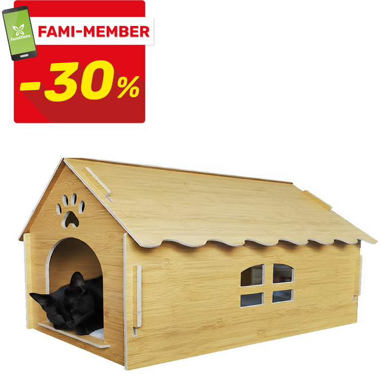 Wooden pet house with scalloped roof and paw-shaped entrance, black cat sleeping inside; Fami-Member -30% discount badge