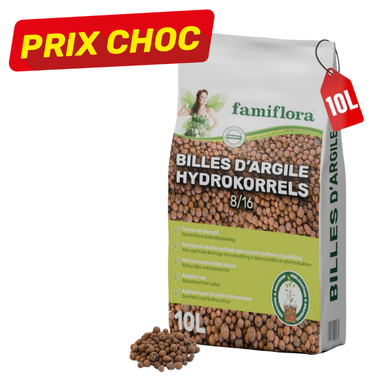 Bag of Famiflora expanded clay pebbles (8–16mm), 10L decorative drainage substrate for plants with 'PRIX CHOC' promo