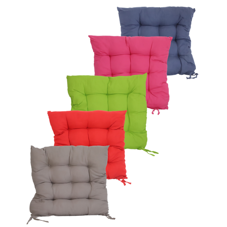 Stacked colourful tufted chair seat cushions (grey, red, green, pink, navy) with tie straps — soft padded dining or outdoor chair pads