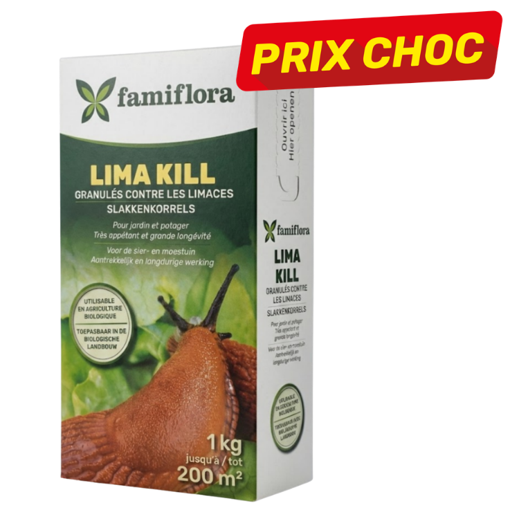 Box of Famiflora Lima Kill slug pellets 1 kg for garden (organic use), covers up to 200 m², promotional 'PRIX CHOC' label