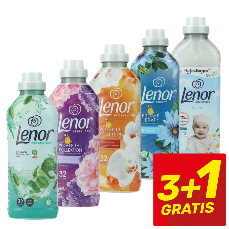 Five Lenor fabric conditioner bottles in assorted fragrances with red '3+1 Gratis' promotional badge