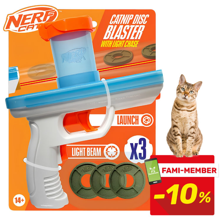 NERF Cat Catnip Disc Blaster toy with light-beam launcher and three catnip discs, packaged with cat image