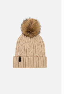 Beżowa czapka damska z futrzanym pomponem